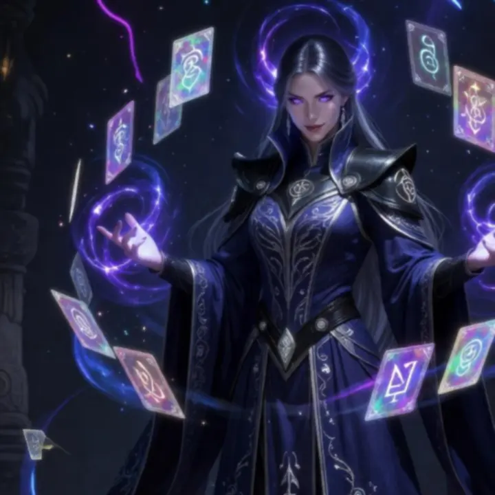 Seraphina the Arcane Duelist casting glowing spells over a field of magical cards.