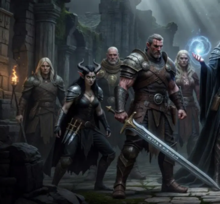 Epic fantasy heroes from Social Shuffle, posing with glowing cards.