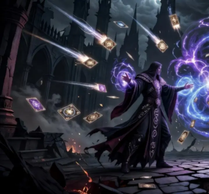 Intense magical battle scene with glowing cards and spell effects flying between Social Shuffle champions.