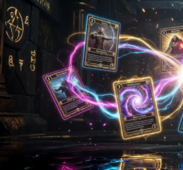 Glowing fantasy cards pulsing with energy, representing powerful combo sequences in a strategy game