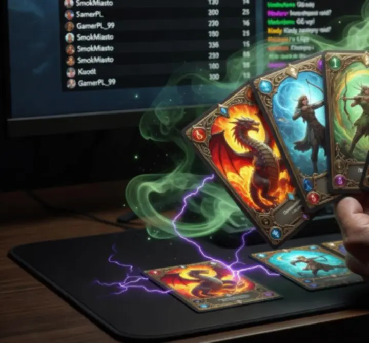 Glowing fantasy card decks laid out for competitive Social Shuffle play.