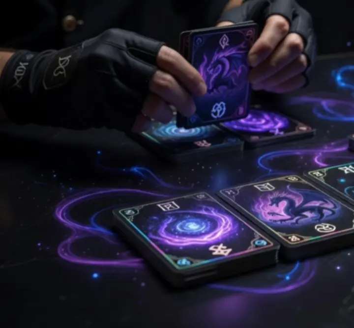 Fantasy card deck and glowing cards representing Social Shuffle core mechanics