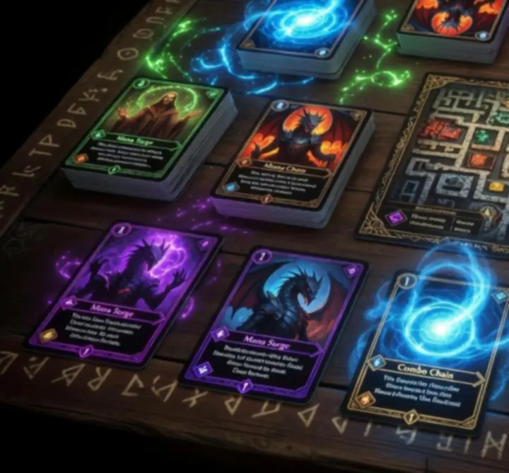 Glowing fantasy cards fanned out in a strategic deck layout