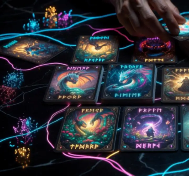 Neon-lit fantasy card deck laid out on a dark table, representing the Social Shuffle deck building guide.