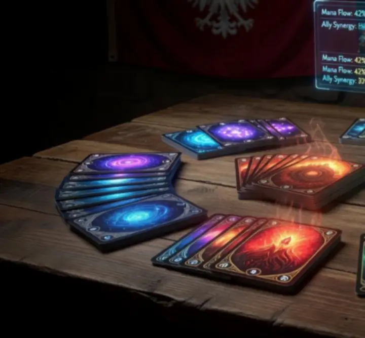 Deck gallery showcase with glowing fantasy cards and tactical combinations