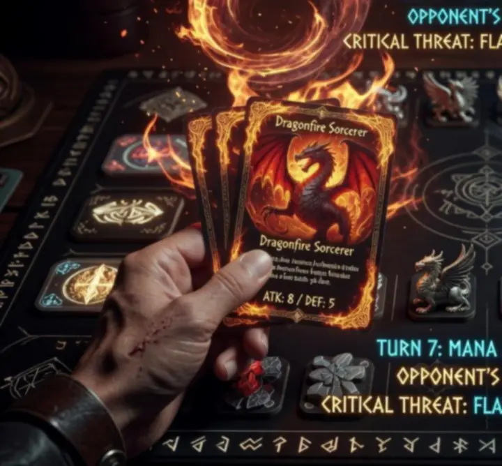 Strategic fantasy card battle showing decks and battlefield