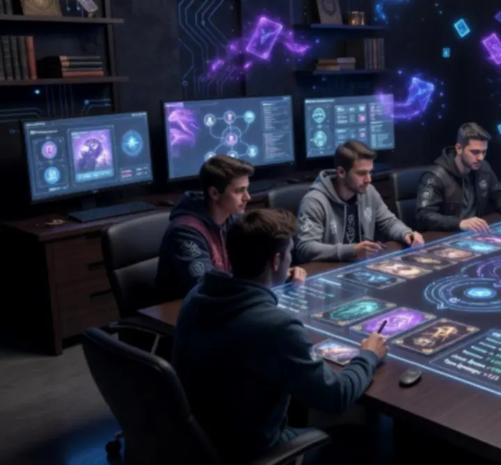 Game designers in a glowing strategy room reviewing Social Shuffle card mechanics and randomness.