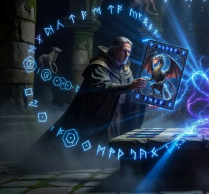 Dark fantasy card battle arena with glowing magical cards mid-shuffle