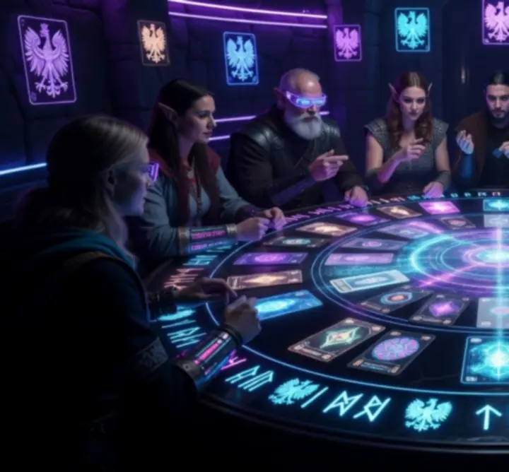 Online fantasy strategy community with glowing interface and players sharing decks