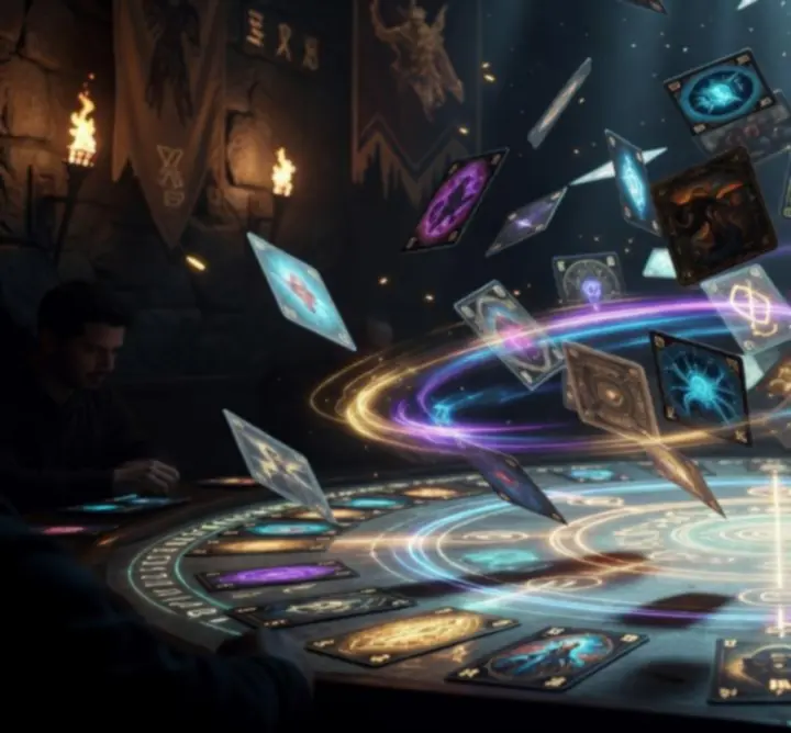 Glowing fantasy cards being shuffled mid-air representing randomness and shuffle