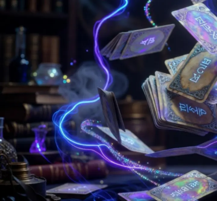 Glowing fantasy cards mid-shuffle representing random draws and tactics