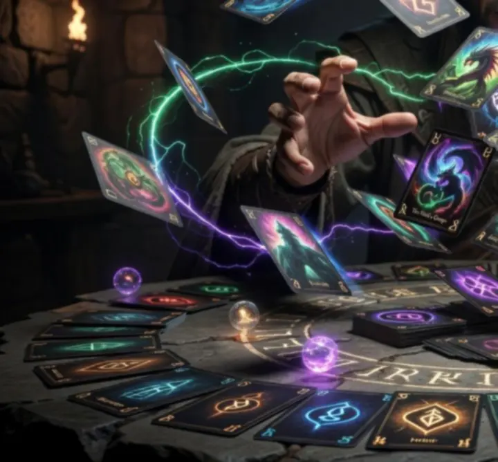 Magical battle scene showing shuffled fantasy cards swirling above a tactical game board
