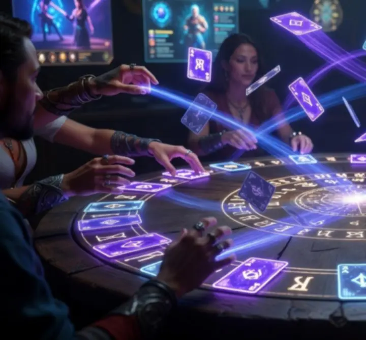 Dark fantasy environment with glowing cards swirling in a vortex, symbolizing Social Shuffle's mix of randomness and strategy