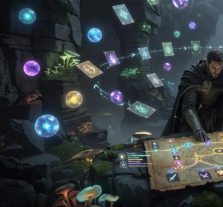 Dark fantasy environment with a glowing path of cards guiding a hero through the Social Shuffle solo campaign.