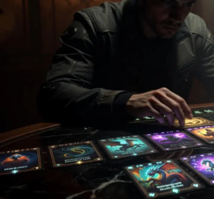 Player analyzing glowing fantasy card battlefield, representing tactical decision-making